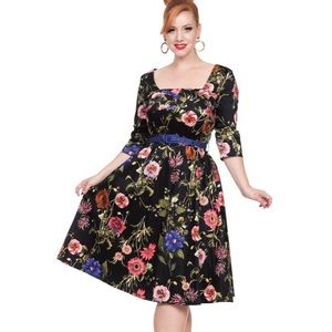 Voodoo Vixen Allie Floral Dress Black 50s Belted